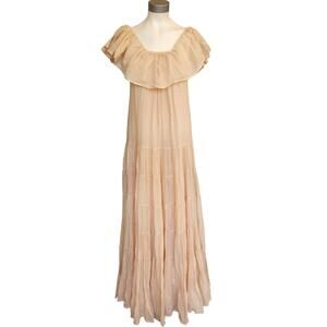 ERIKA PENA Rita Bohemian Maxi tiered ruffle off shoulder dress warm sand XS NEW